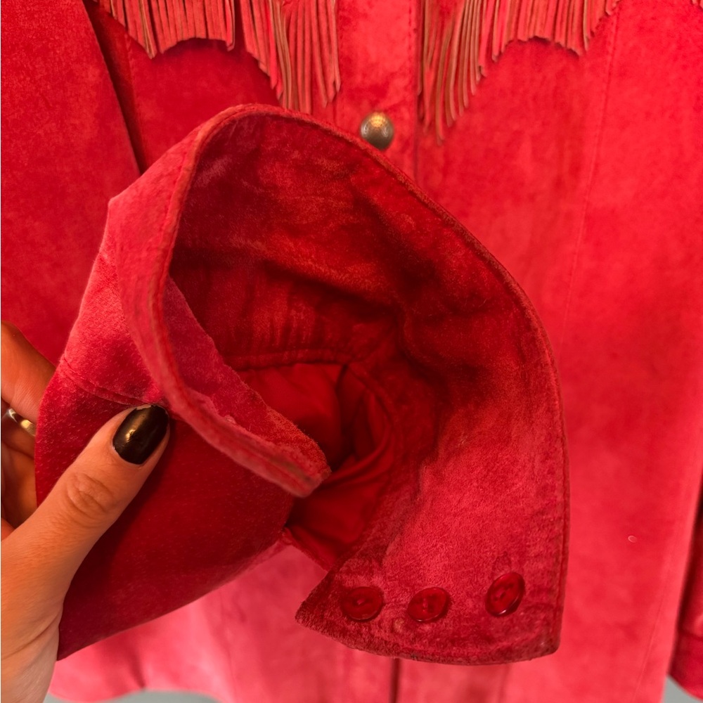 Chico’s western Vermillion Suede Fringed Jacket coral pink sz 3 - Picture 13 of 16
